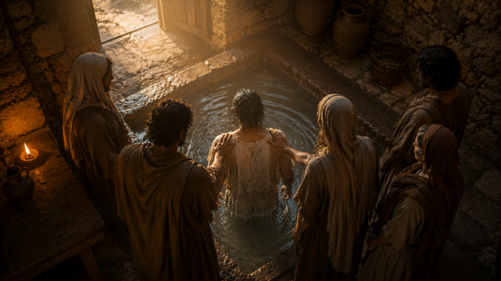 A small 1st-century in-floor baptismal pool in a Cretan house at dawn with a faceless adult in a wet linen tunic emerging from the water and a household of believers gathered at the pool edge with hands on the new believer's shoulders, evoking the washing of regeneration and renewing by the Holy Spirit in Titus 3:5